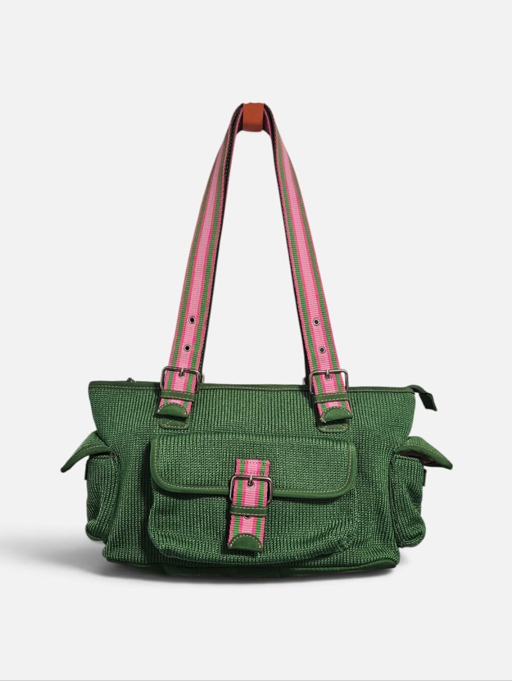 The Sak Belina Satchel Kelly Green Knit Pink Striped Straps Y2K Preppy